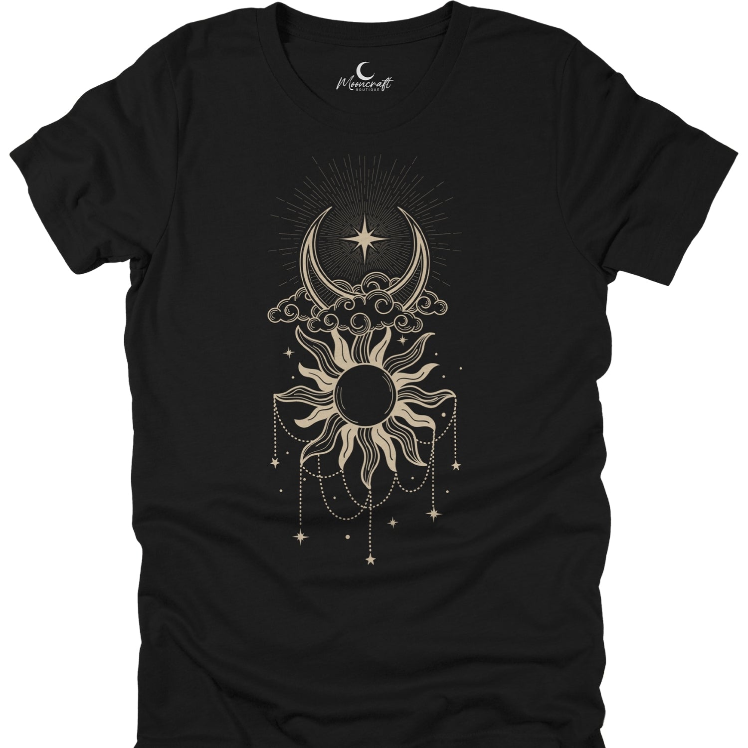 Black t-shirt with sun and moon design on a white background
