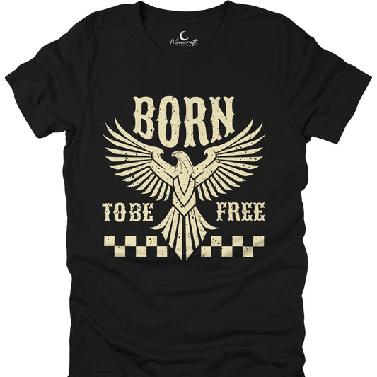 Black t-shirt with a gold eagle graphic and 'Born to be Free' text on a white background