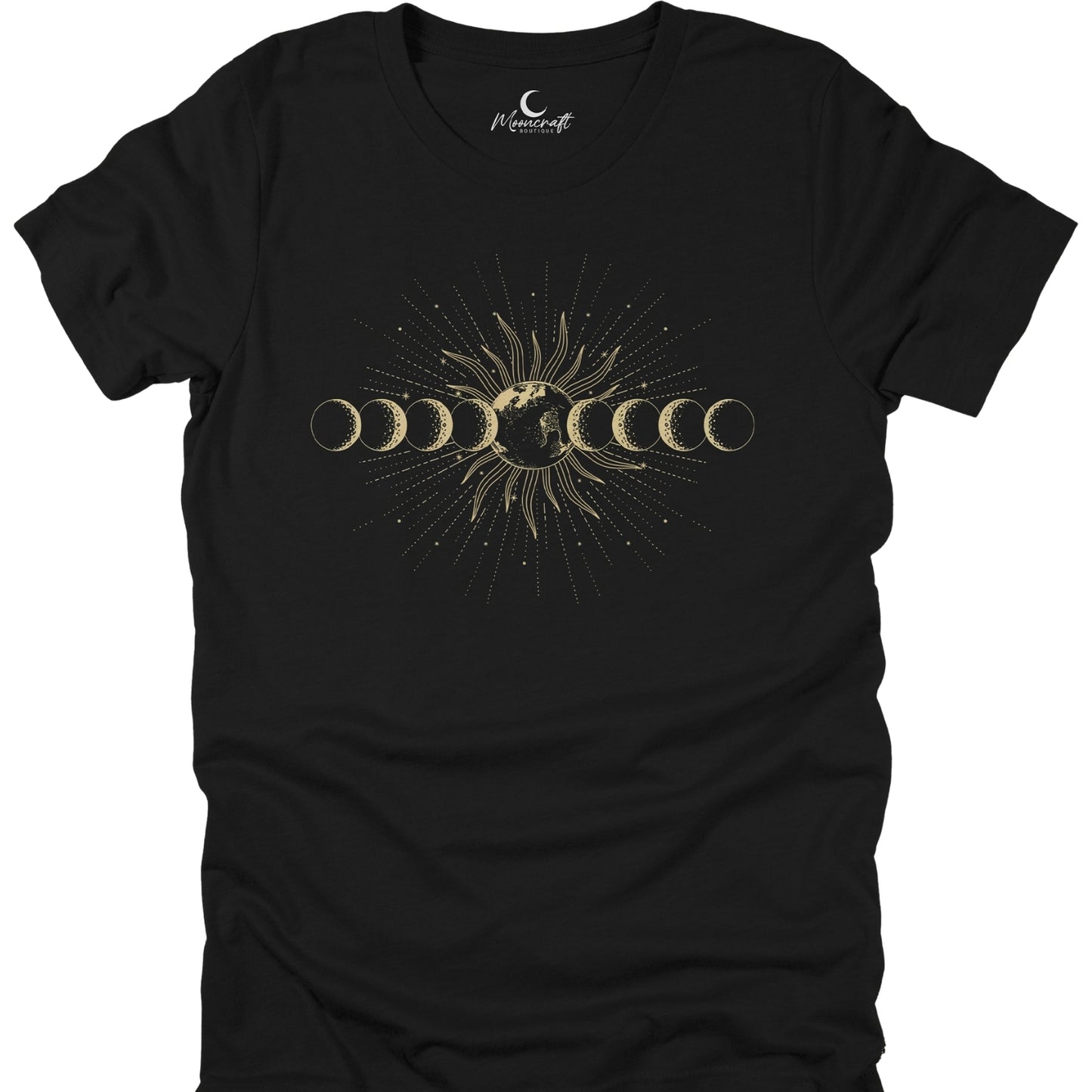Black t-shirt with gold moon phases design on a white background