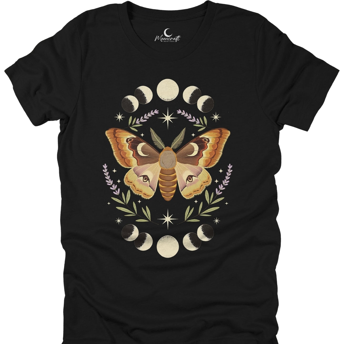 Black t-shirt with a butterfly and moon phase design on a white background