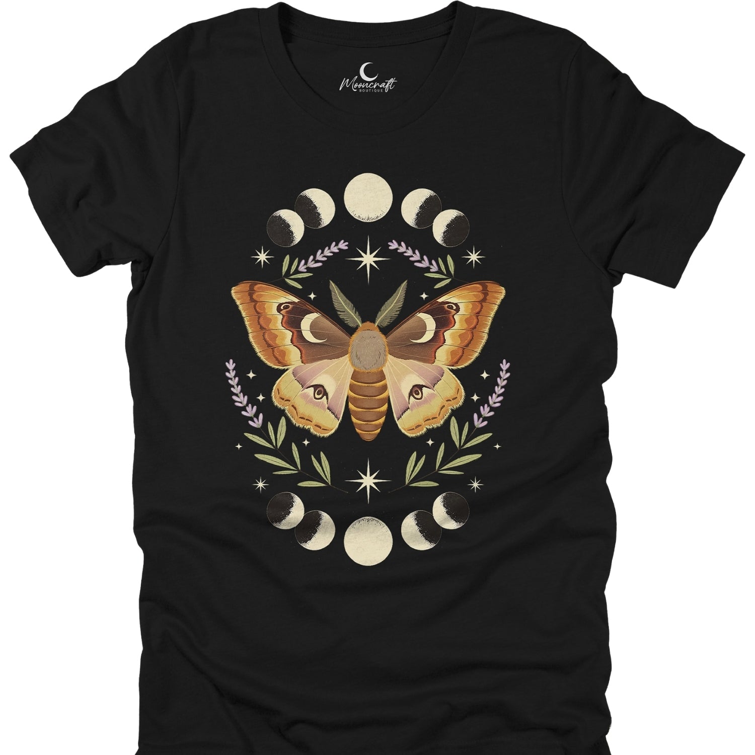 Black t-shirt with a butterfly and moon phase design on a white background
