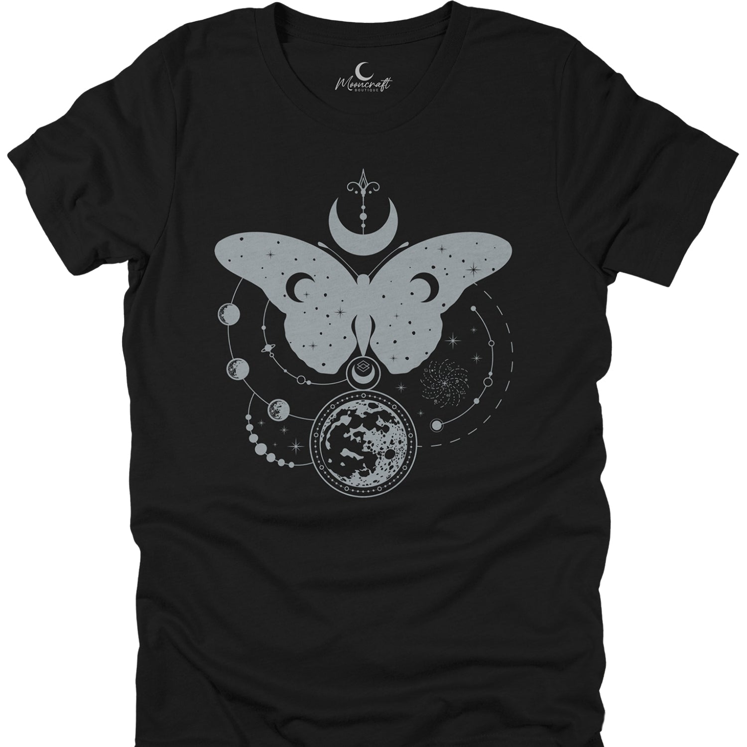 Black t-shirt with a white butterfly design and moon symbols on a white background