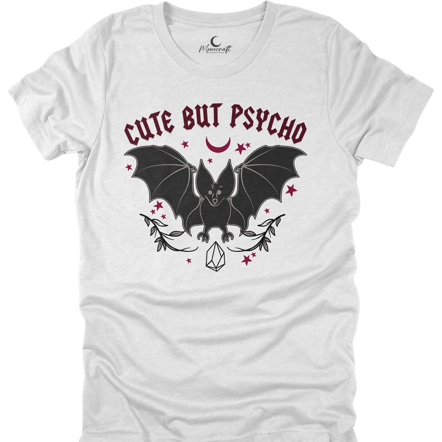 White t-shirt with a bat graphic and 'Cute But Psycho' text on a white background
