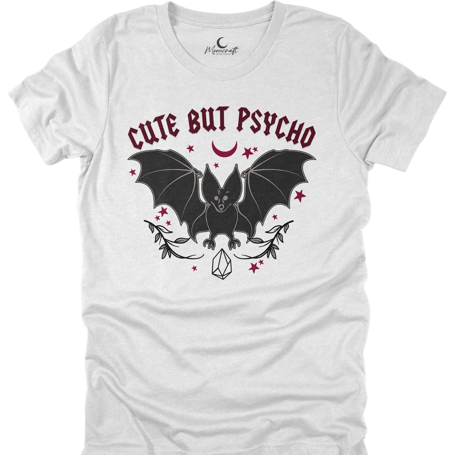 White t-shirt with a bat graphic and 'Cute But Psycho' text on a white background