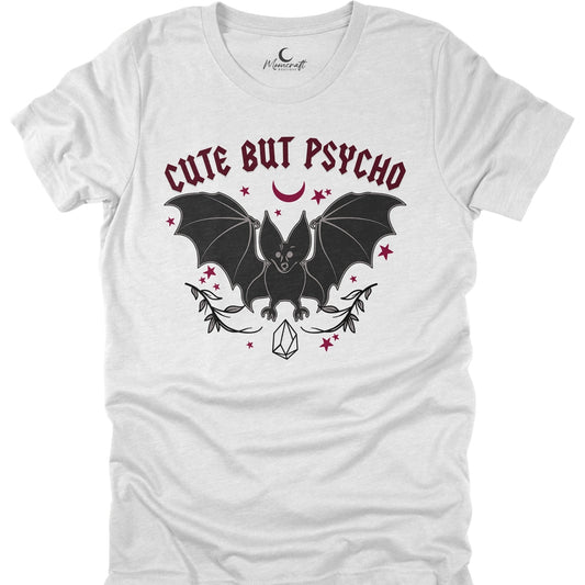White t-shirt with a bat graphic and 'Cute But Psycho' text on a white background
