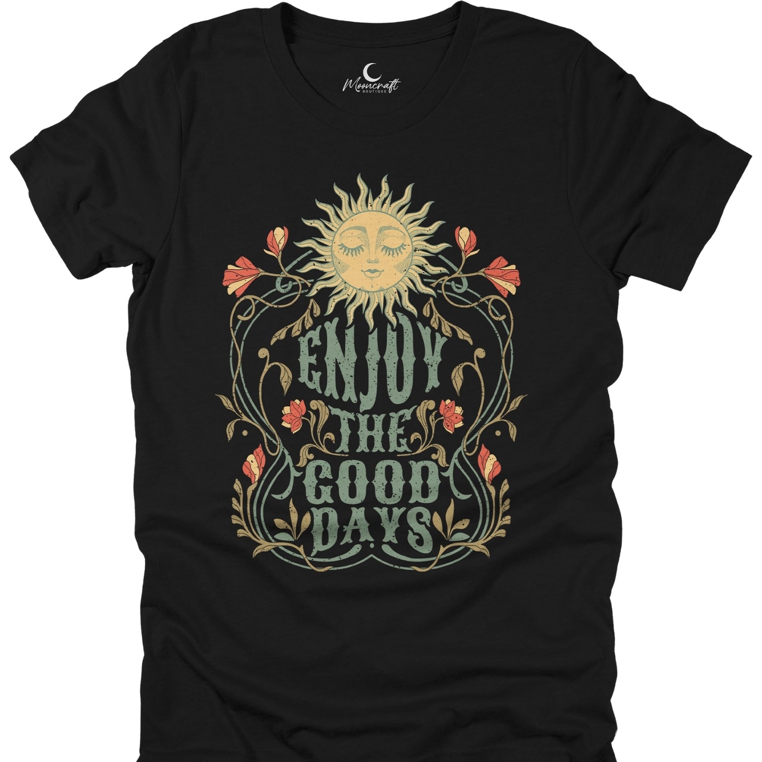 Black t-shirt with sun and floral design and 'Enjoy the Good Days' text on a white background