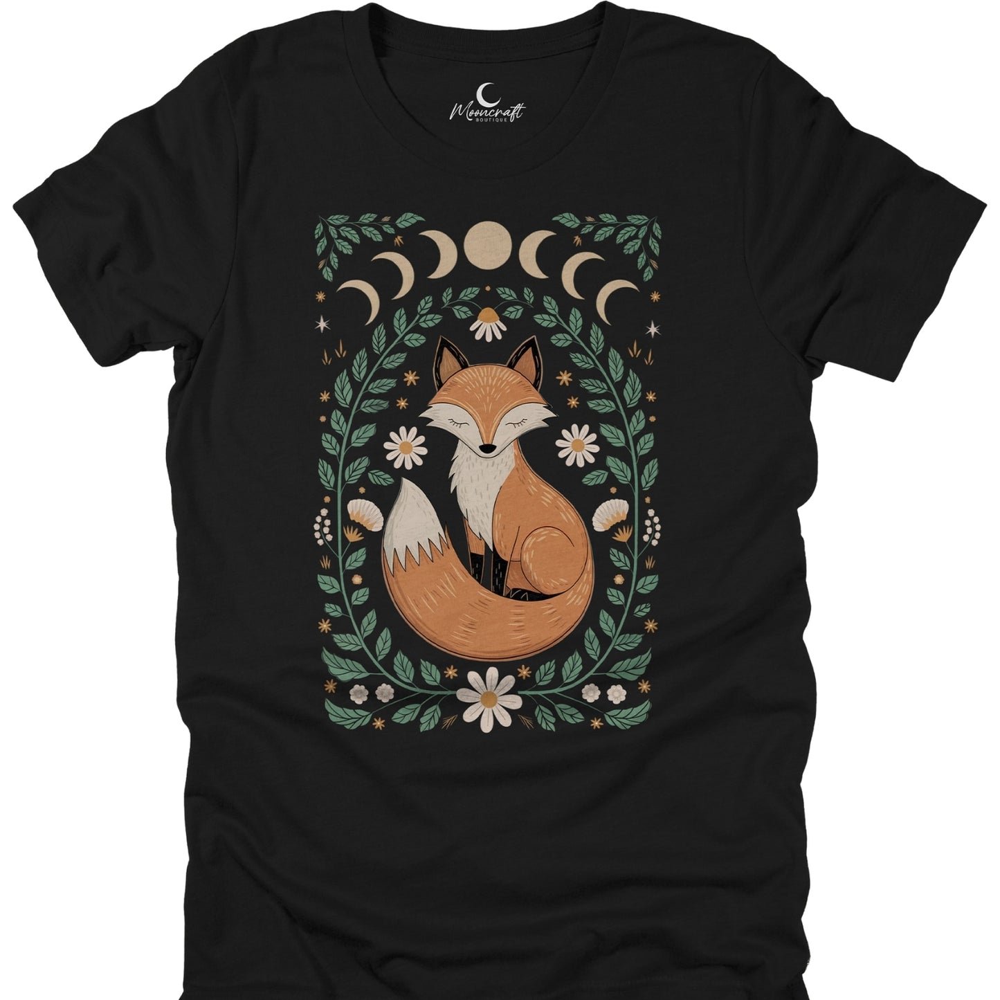 Black t-shirt with a fox and moon phases design on a white background