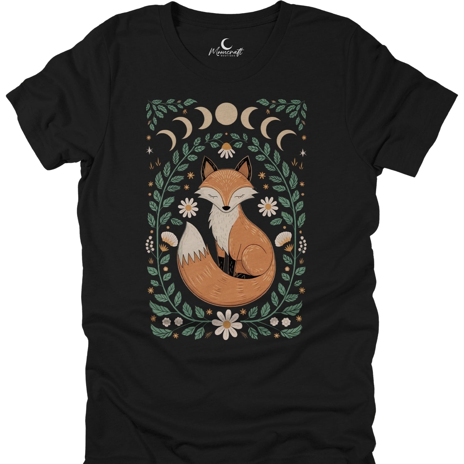 Black t-shirt with a fox and moon phases design on a white background