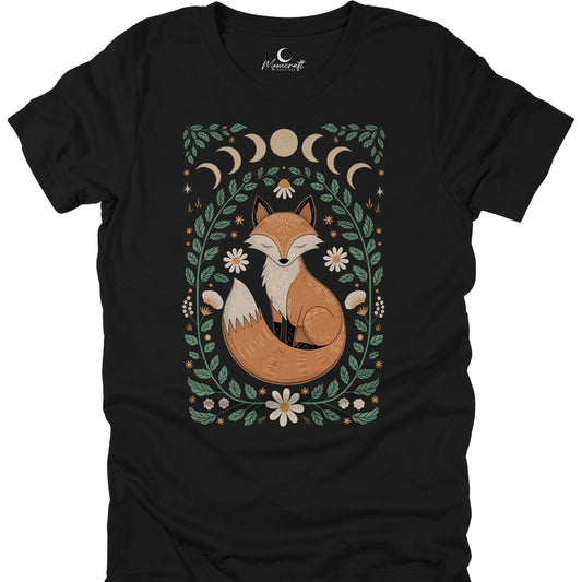 Black t-shirt with a fox and moon phases design on a white background
