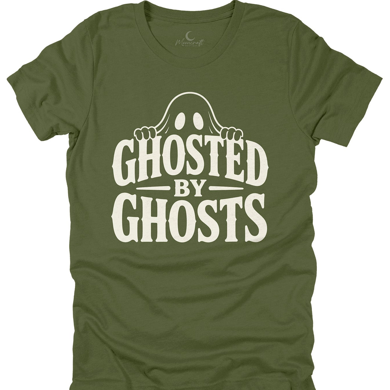 Green t-shirt with 'Ghosted by Ghosts' text design on a white background
