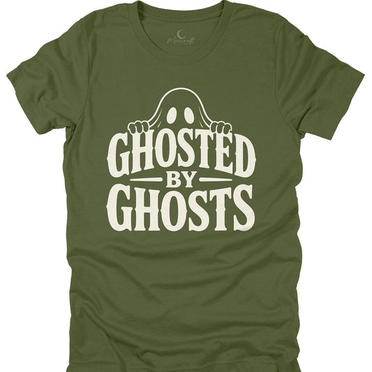 Green t-shirt with 'Ghosted by Ghosts' text design on a white background