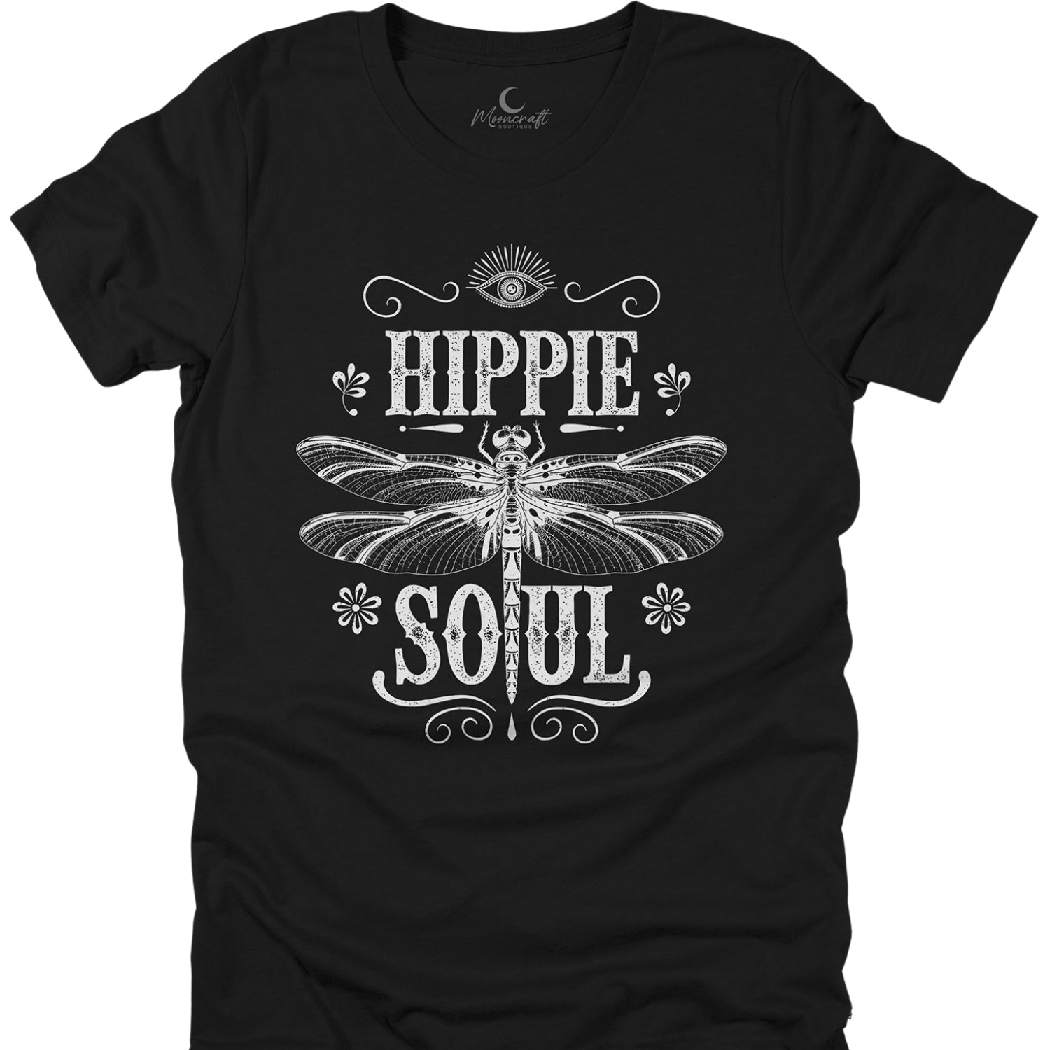 Black t-shirt with white dragonfly design and 'Hippie Soul' text on a white background