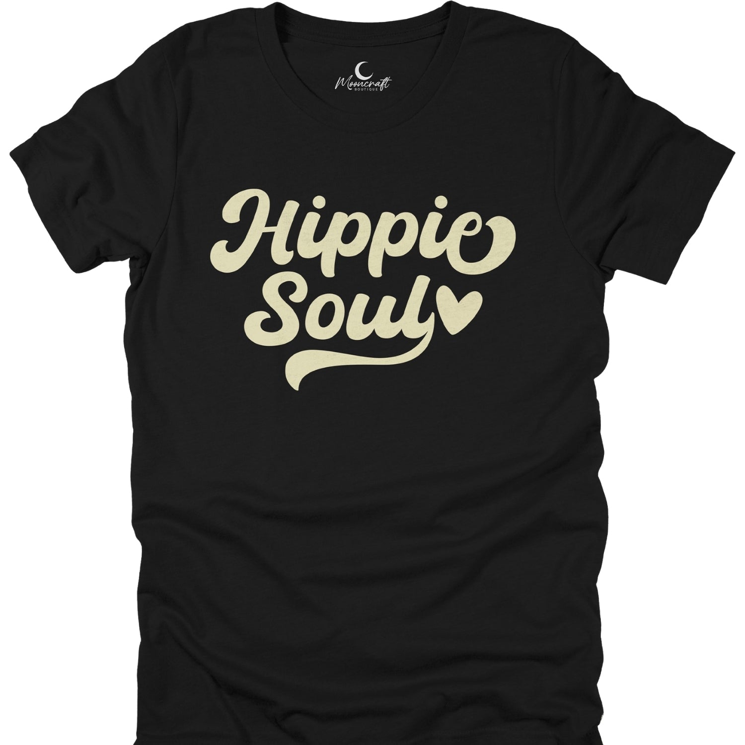 Black t-shirt with 'Hippie Soul' text in beige on a white background