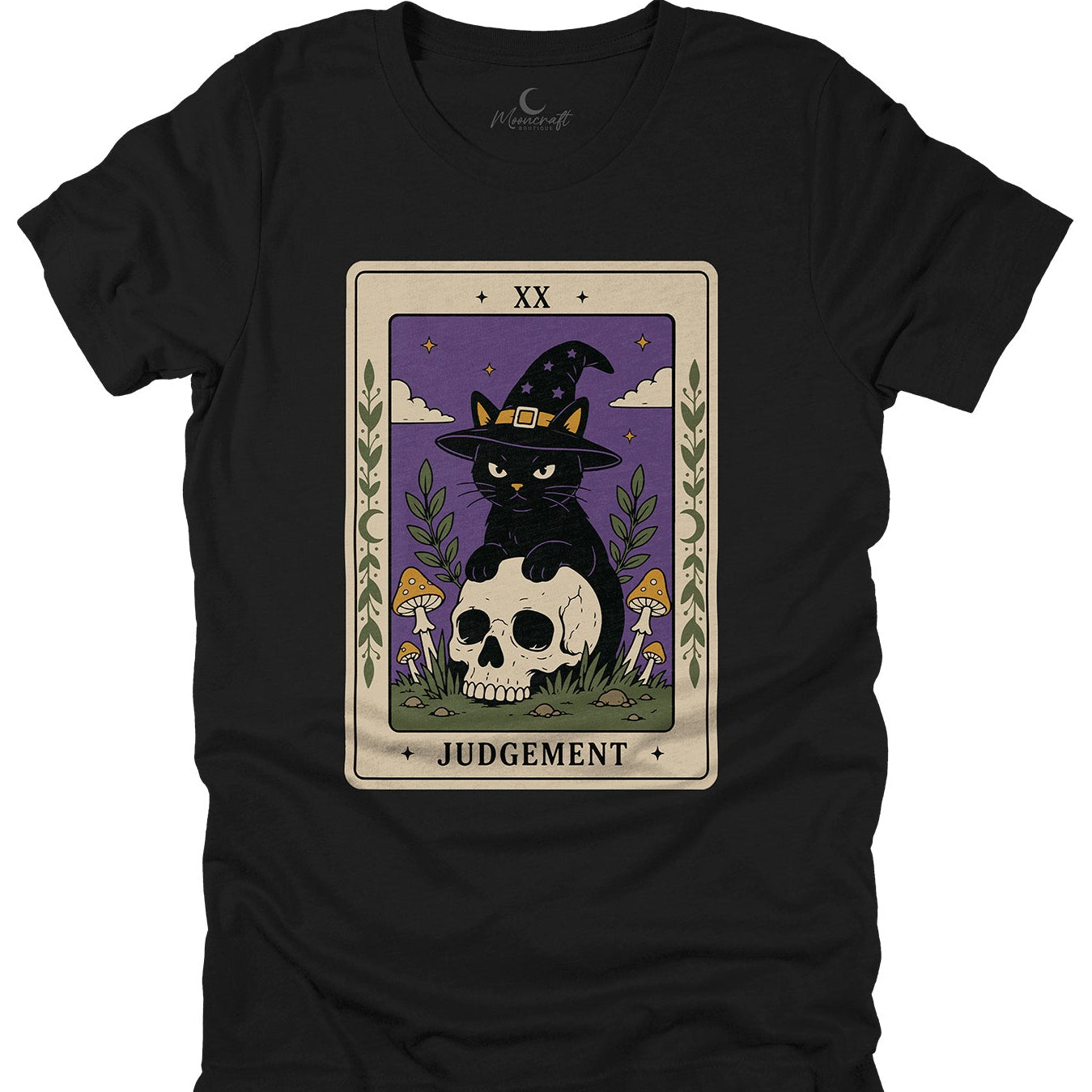 A black short-sleeve t-shirt with a graphic print of a tarot card titled 'Judgement' featuring a black cat in a witch hat sitting on a skull.