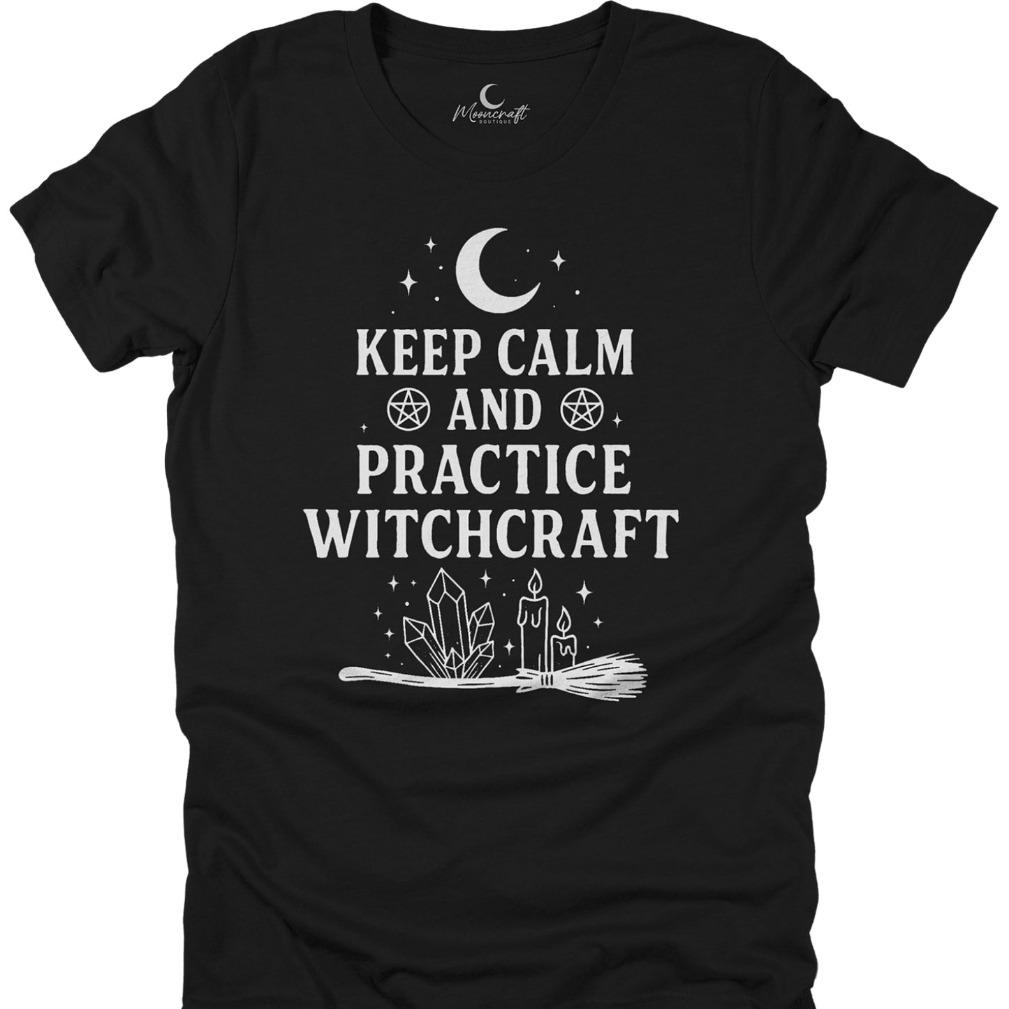 Black t-shirt with 'Keep Calm and Practice Witchcraft' text and symbols on a white background