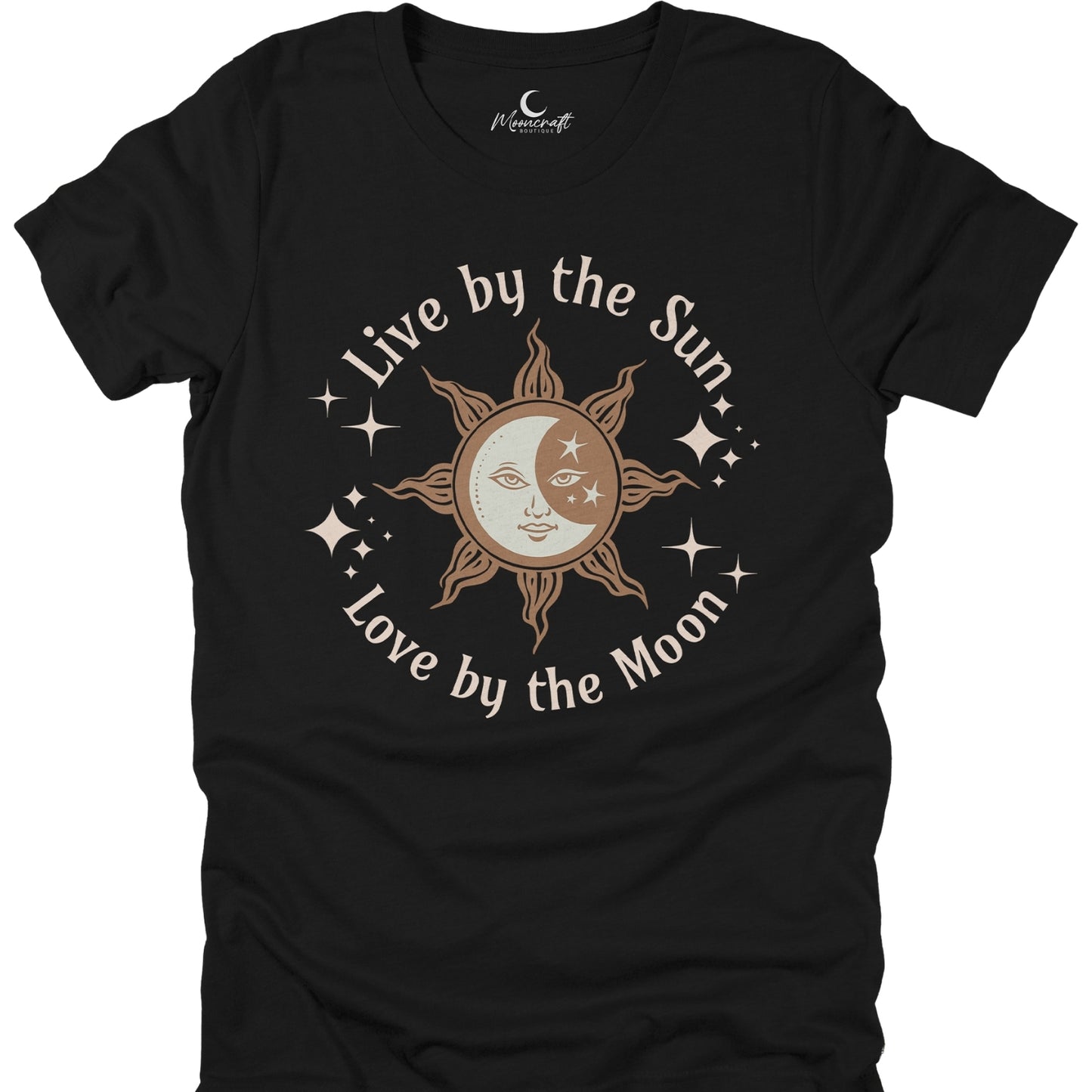 Black t-shirt with sun and moon design and text 'Live by the Sun, Love by the Moon' on a white background.