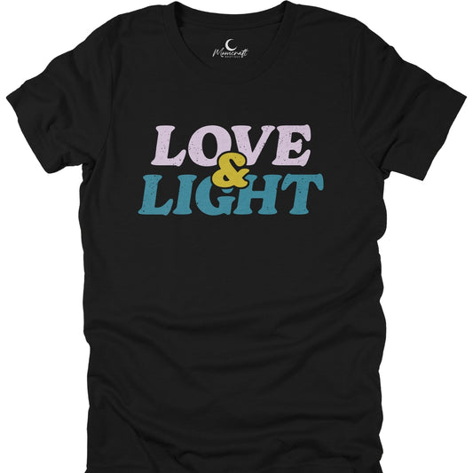 Black t-shirt with 'LOVE & LIGHT' text in colorful letters on a white background