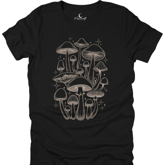 Black t-shirt with white mushroom design on a white background