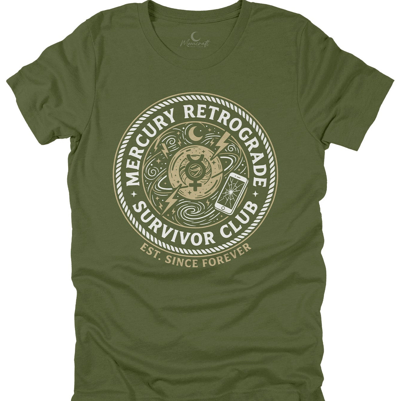 Green t-shirt with 'Mercury Retrograde Survivor Club' graphic design on a white background