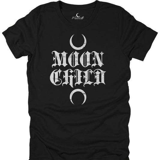 Black t-shirt with white 'Moon Child' text and moon symbols on a white background