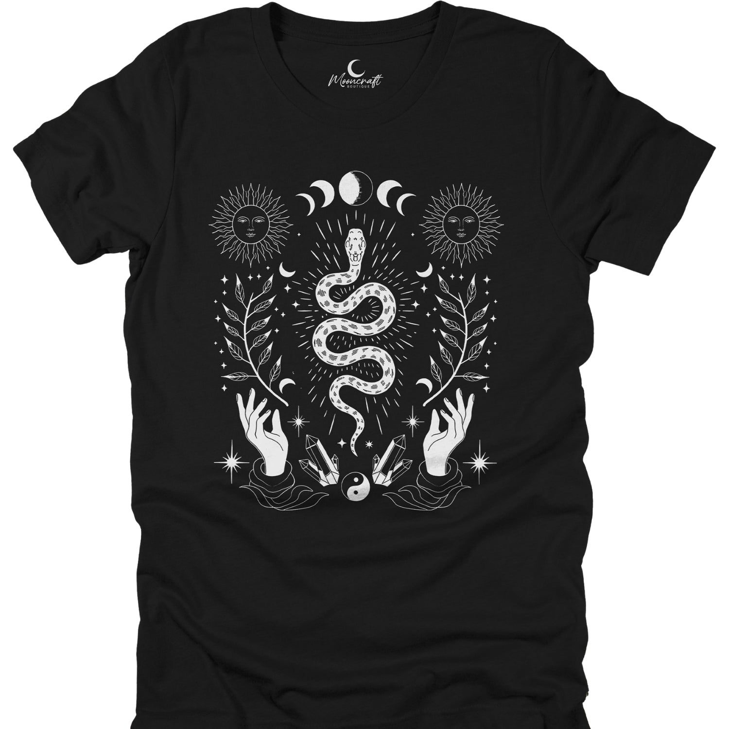 Black t-shirt with white graphic design featuring a snake, hands, and celestial elements on a white background.