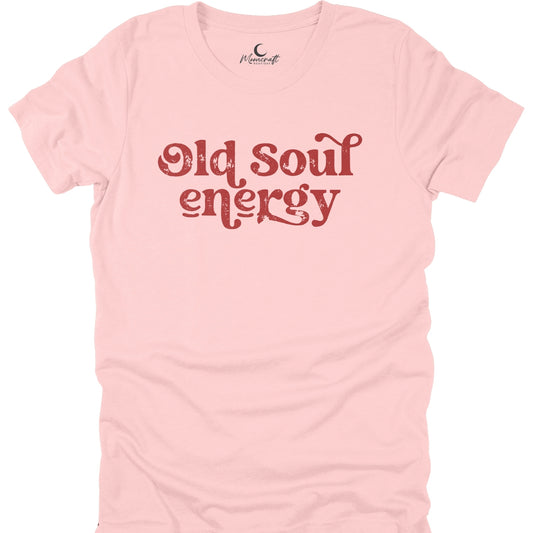 Pink t-shirt with 'Old Soul Energy' text on a white background