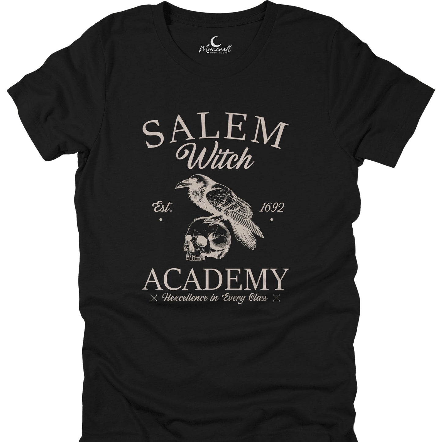 Black t-shirt with 'Salem Witch Academy' design featuring a skull and bird on a white background.