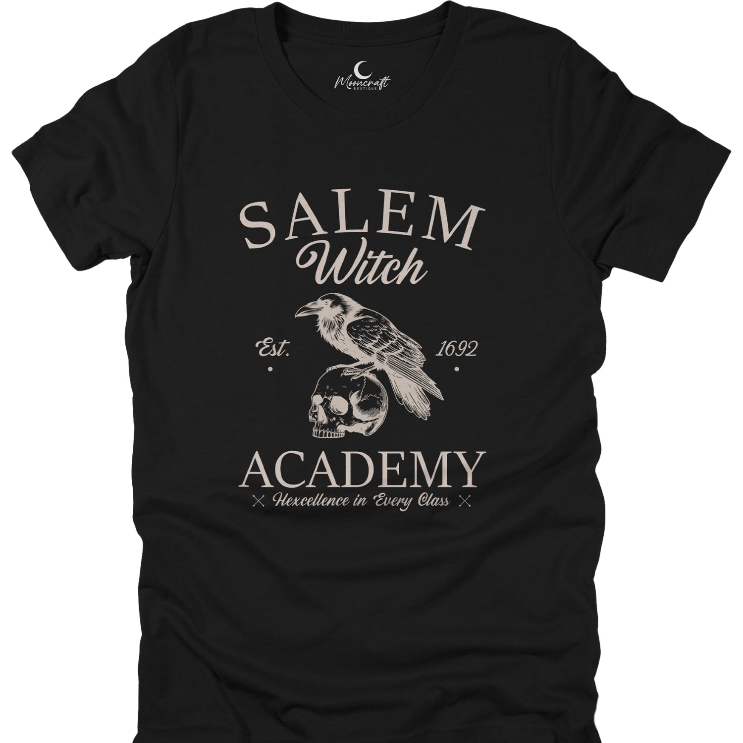 Black t-shirt with 'Salem Witch Academy' design featuring a skull and bird on a white background.