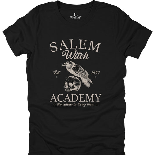 Black t-shirt with 'Salem Witch Academy' design featuring a skull and bird on a white background.