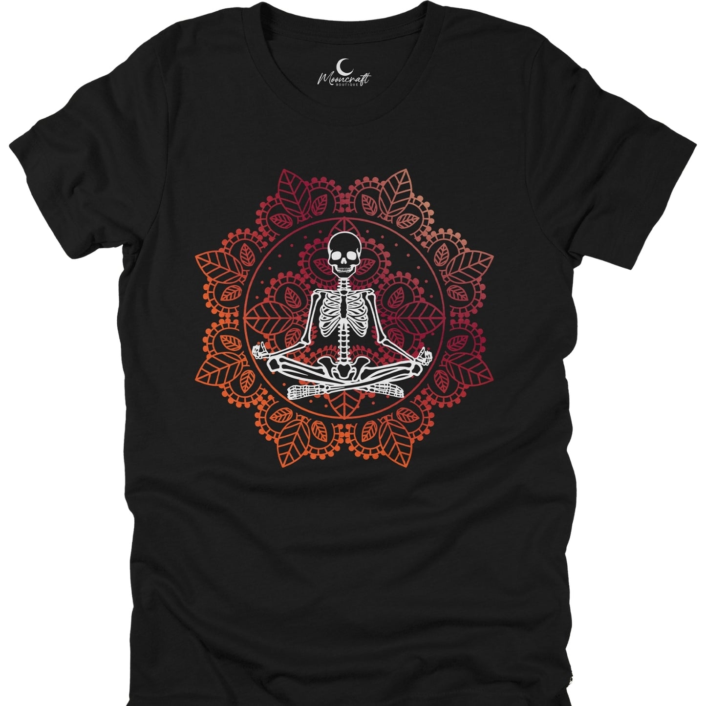Black t-shirt with a skeleton in a meditative pose surrounded by floral patterns on a white background.