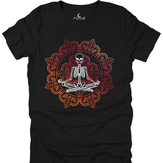 Black t-shirt with a skeleton in a meditative pose surrounded by floral patterns on a white background.