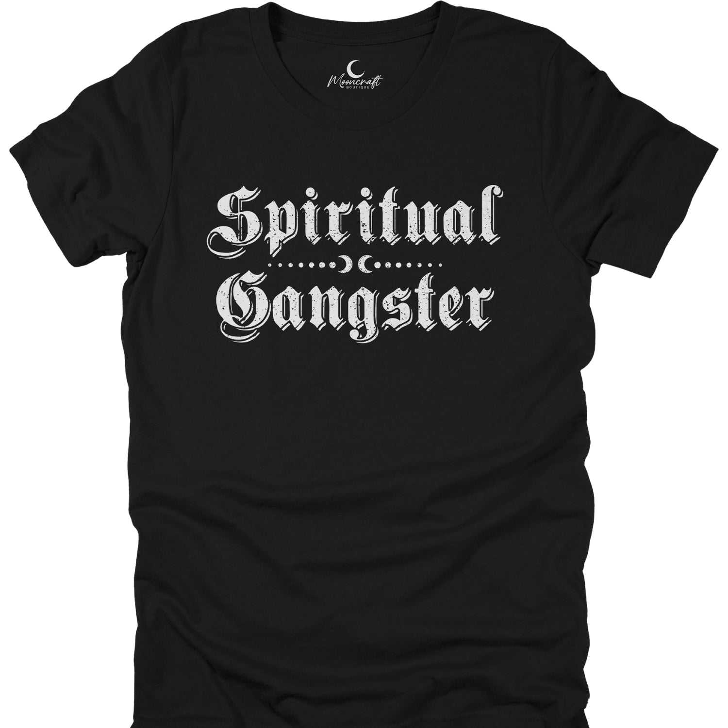 Black t-shirt with 'Spiritual Gangster' text on a white background