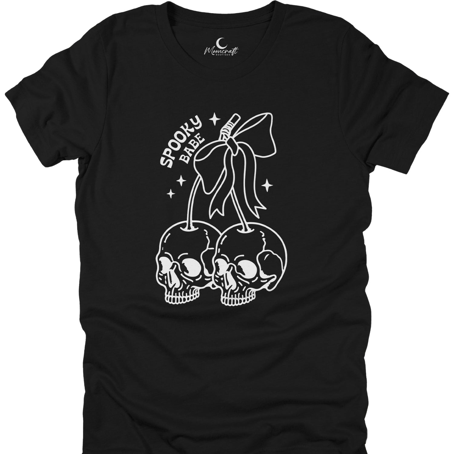 Black t-shirt with white skull design and 'Spooky Baby' text on a white background