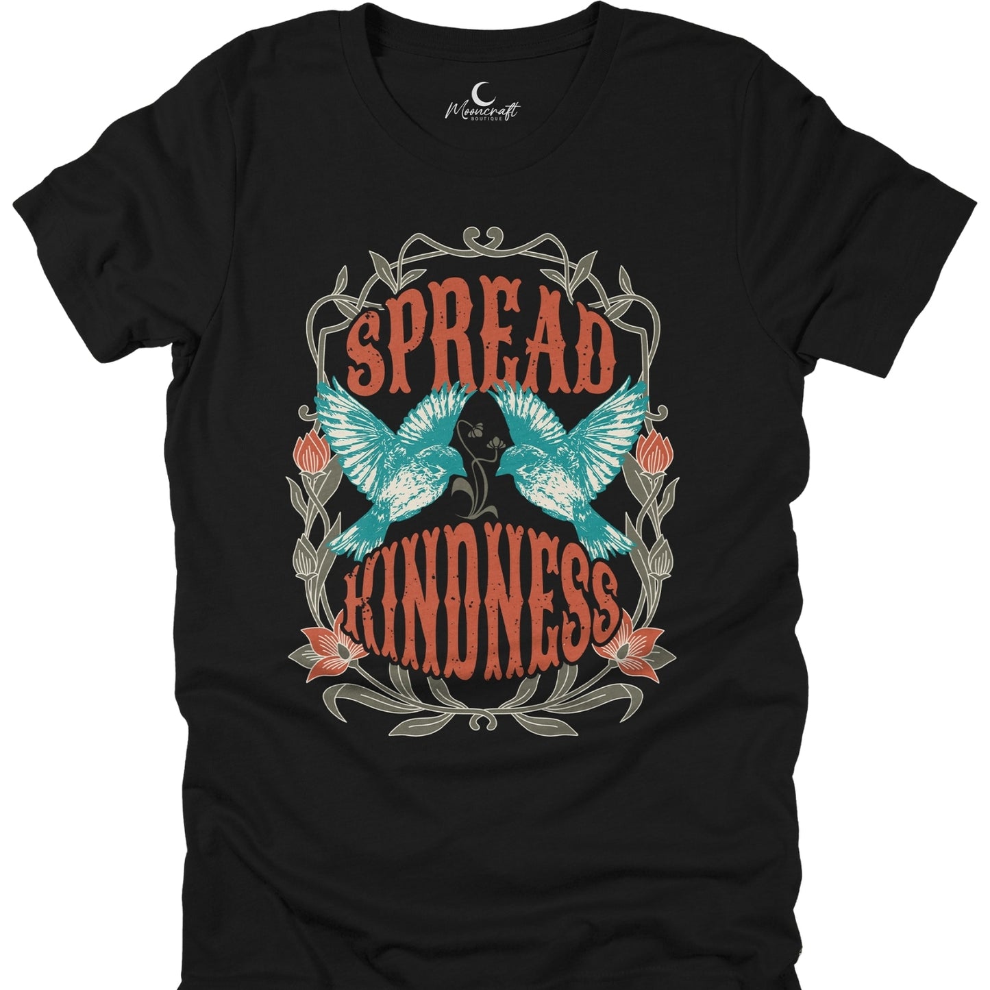 Black t-shirt with 'Spread Kindness' design featuring butterflies and roses on a white background.