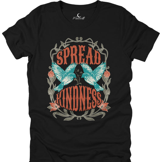 Black t-shirt with 'Spread Kindness' design featuring butterflies and roses on a white background.