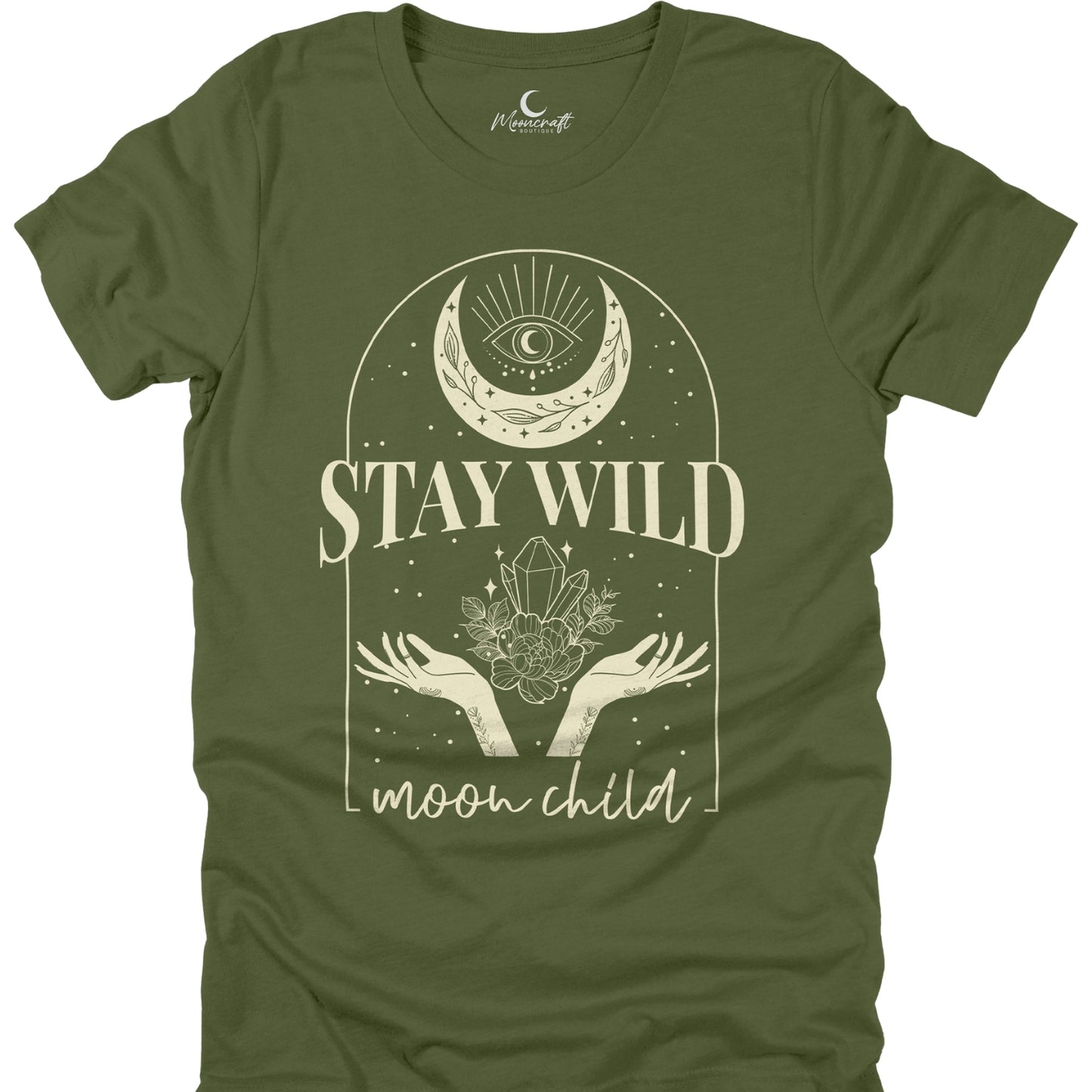 Green t-shirt with 'Stay Wild Moon Child' design featuring a moon, hands, and crystal on a white background.