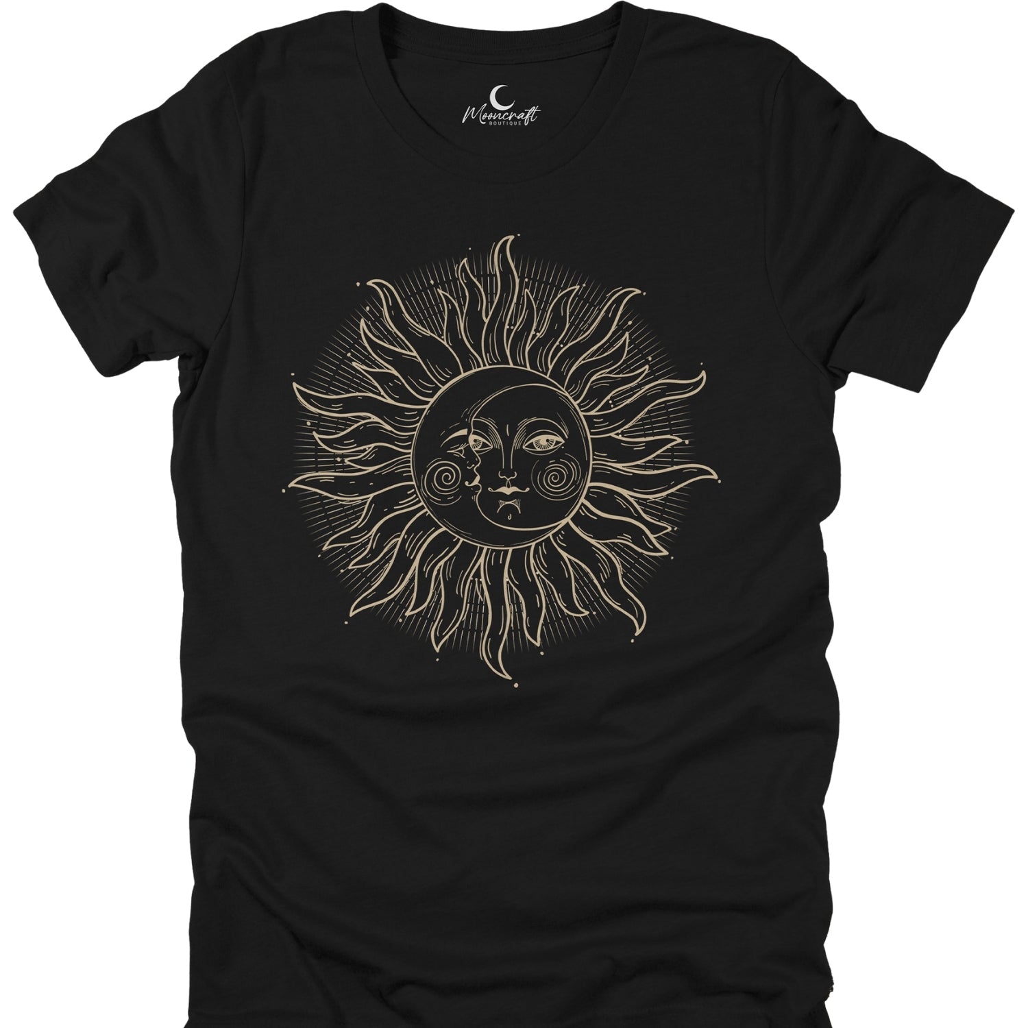 Black t-shirt with sun and moon design on a white background