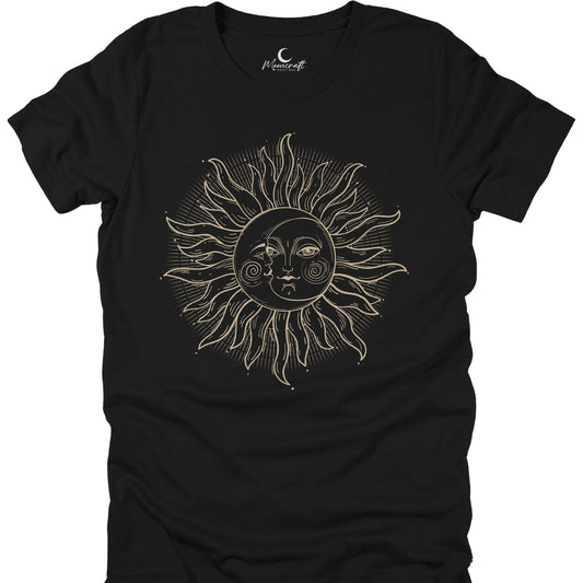 Black t-shirt with sun and moon design on a white background