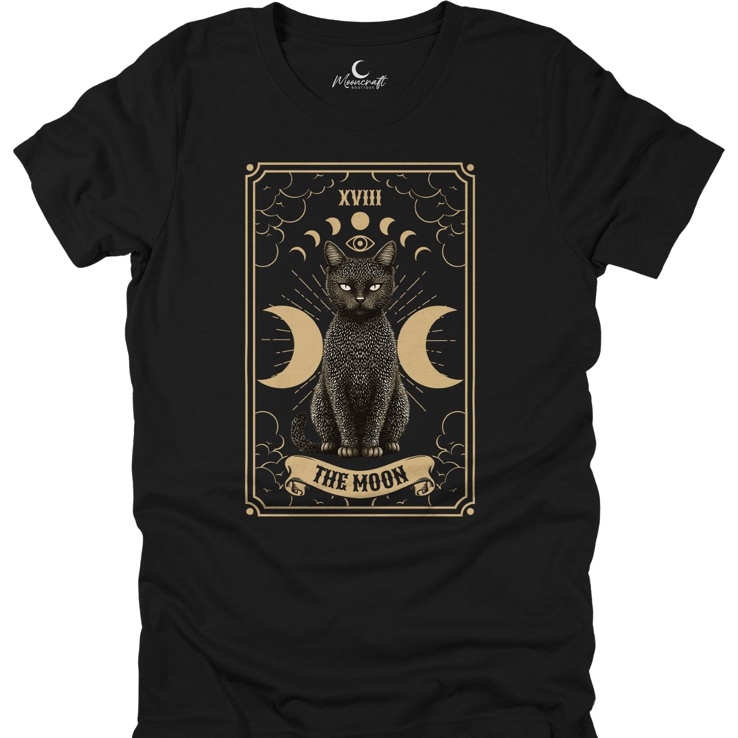 Black t-shirt with a cat and moon design on a white background