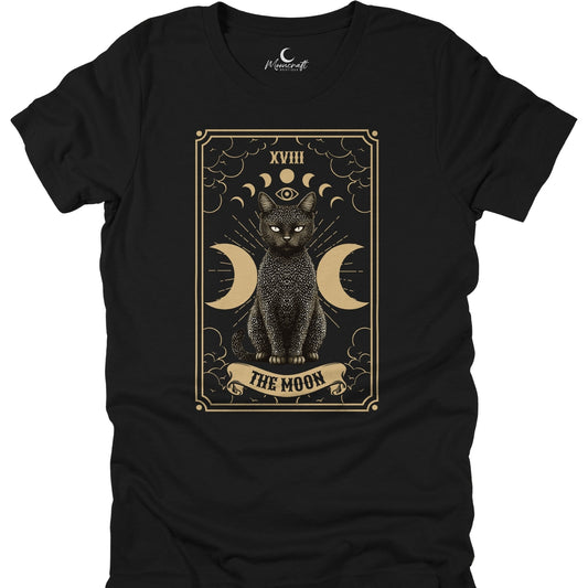 Black t-shirt with a cat and moon design on a white background