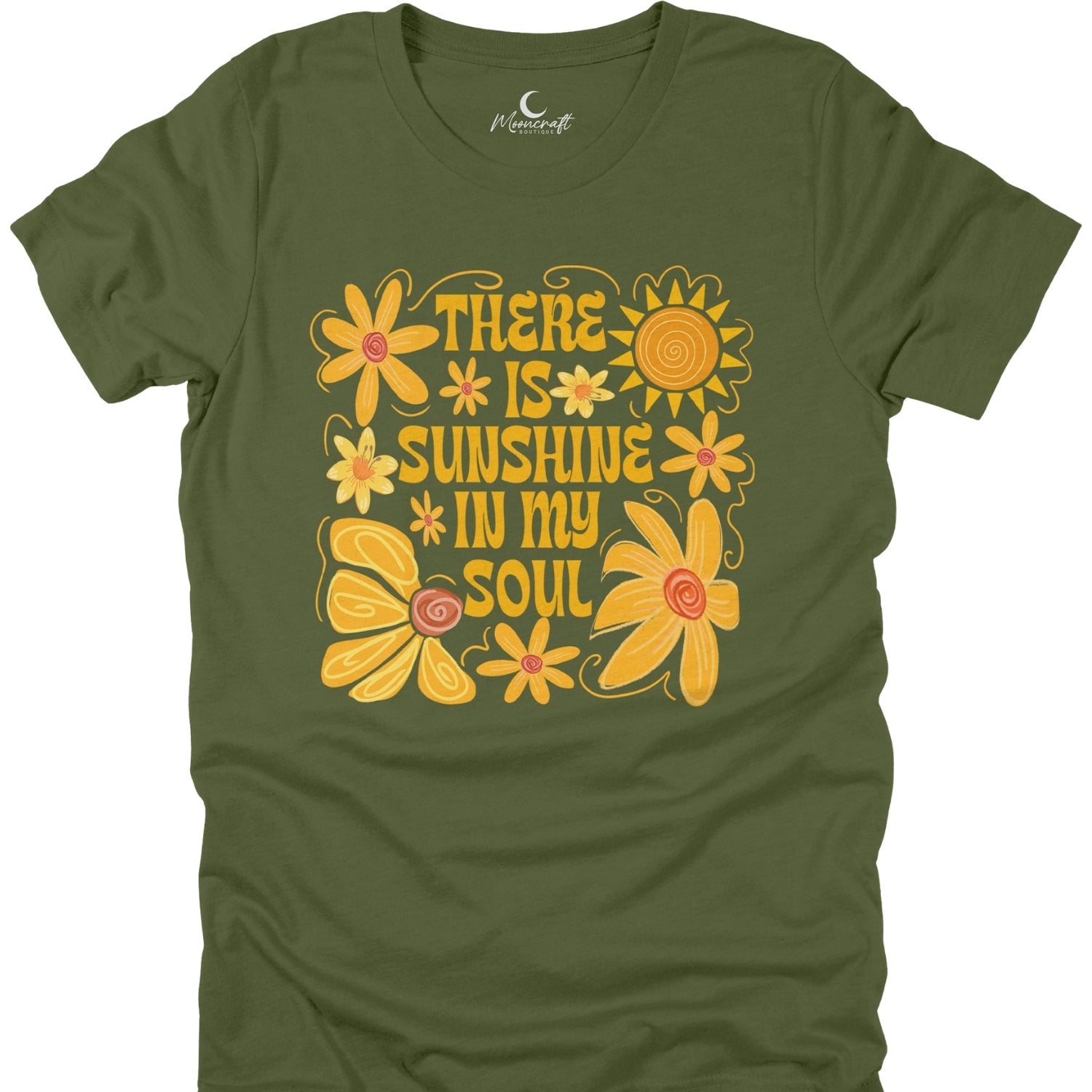 Green t-shirt with yellow floral design and text 'There is sunshine in my soul' on a white background