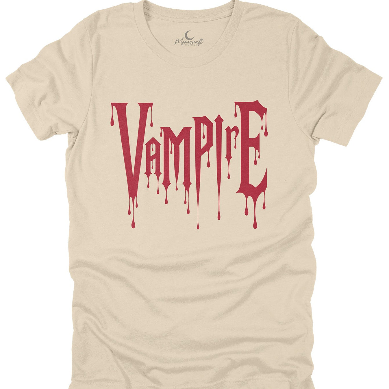 Beige t-shirt with 'Vampire' text in red on a white background