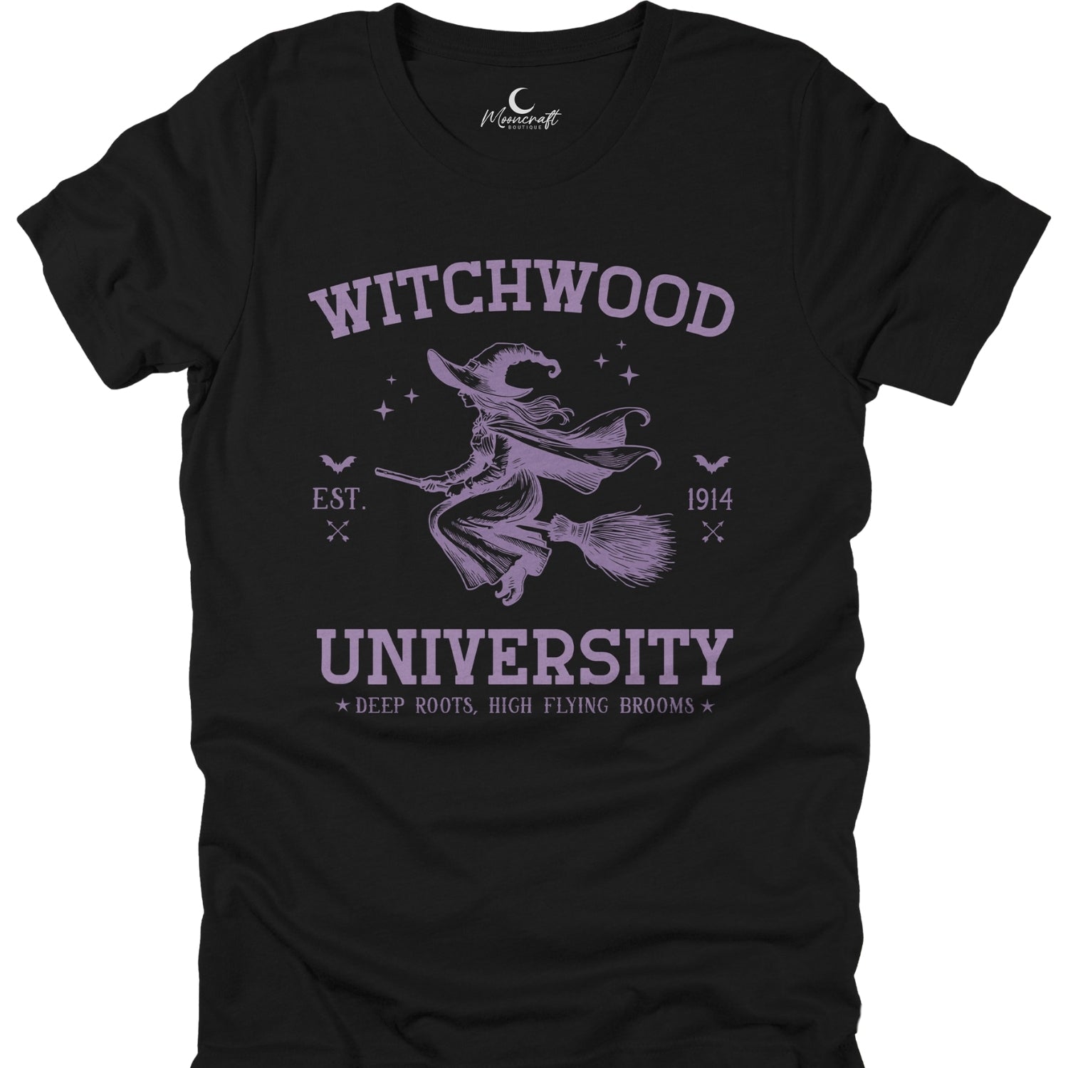 Black t-shirt with purple 'Witchwood University' design featuring a witch on a broomstick.