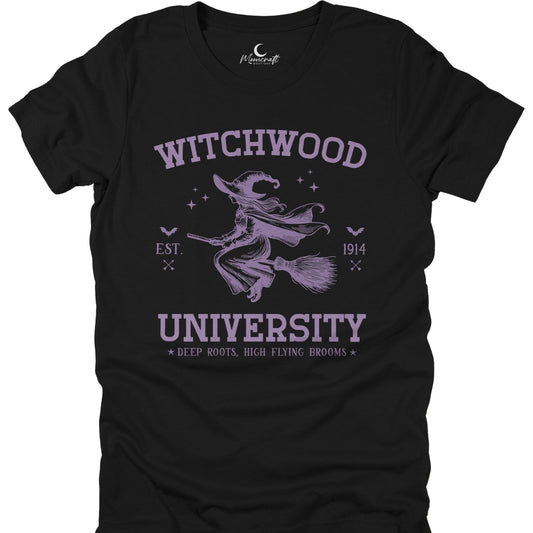 Black t-shirt with purple 'Witchwood University' design featuring a witch on a broomstick.