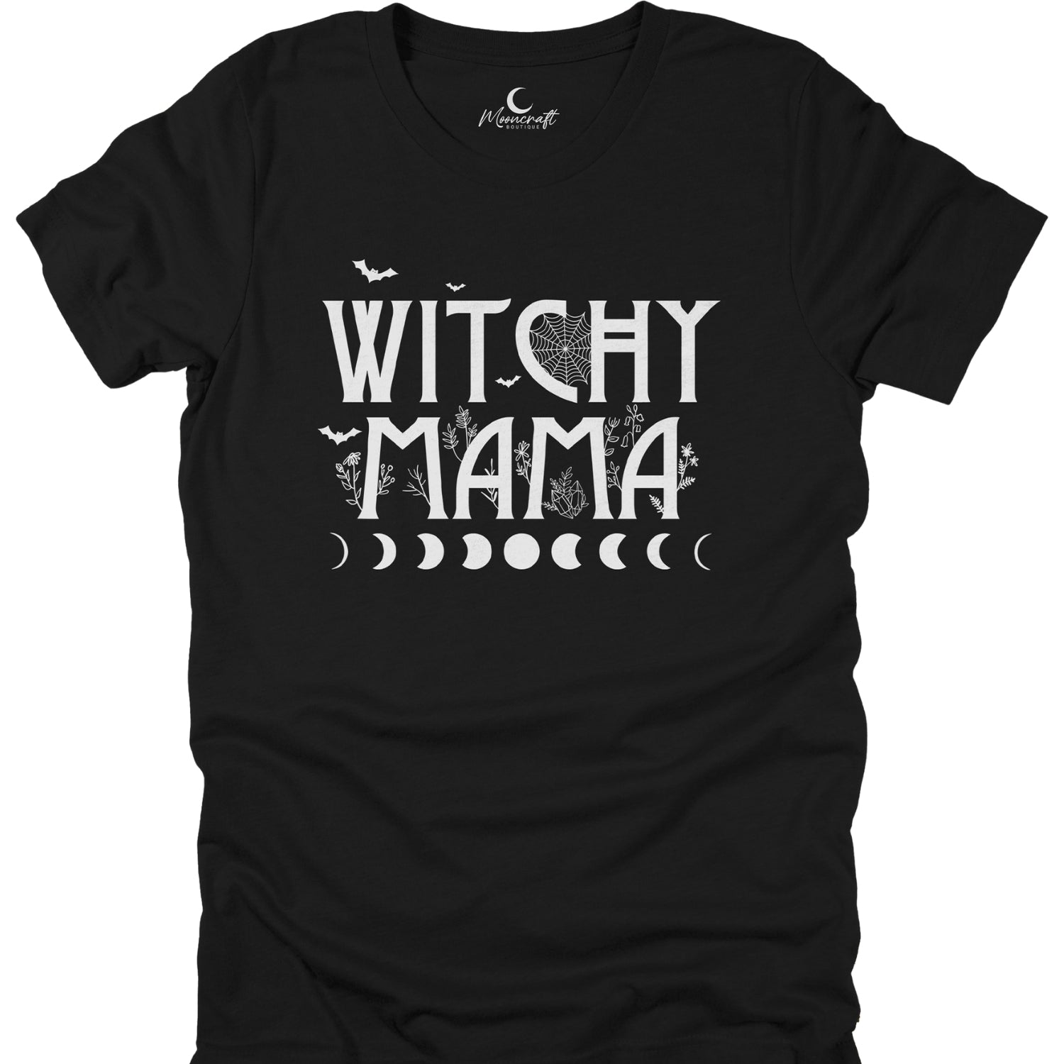 Black t-shirt with 'Witchy Mama' text and moon phases design on a white background