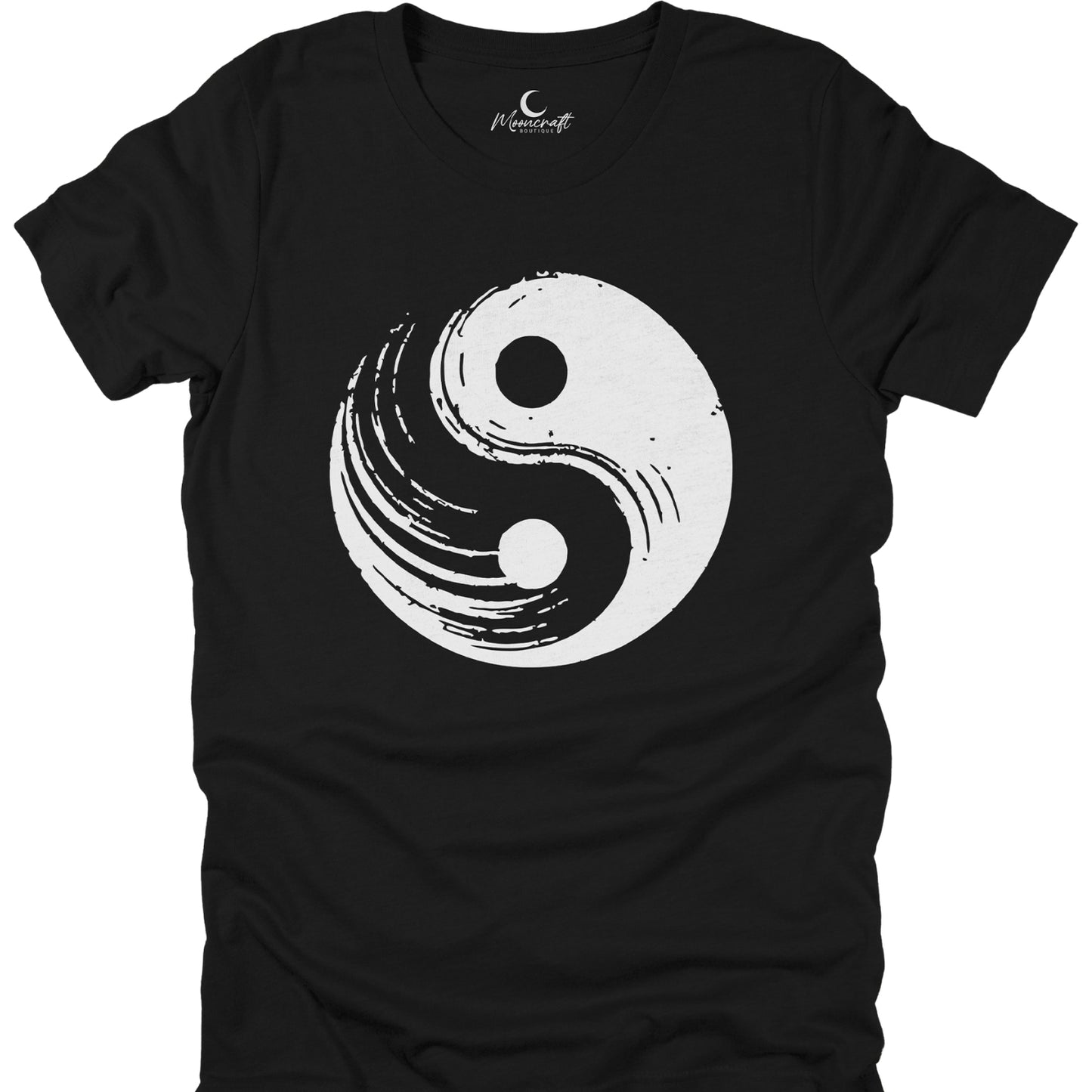 Black t-shirt with a white yin yang symbol on a white background